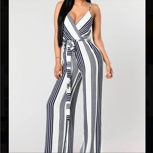 Navy & White Striped Jumpsuit